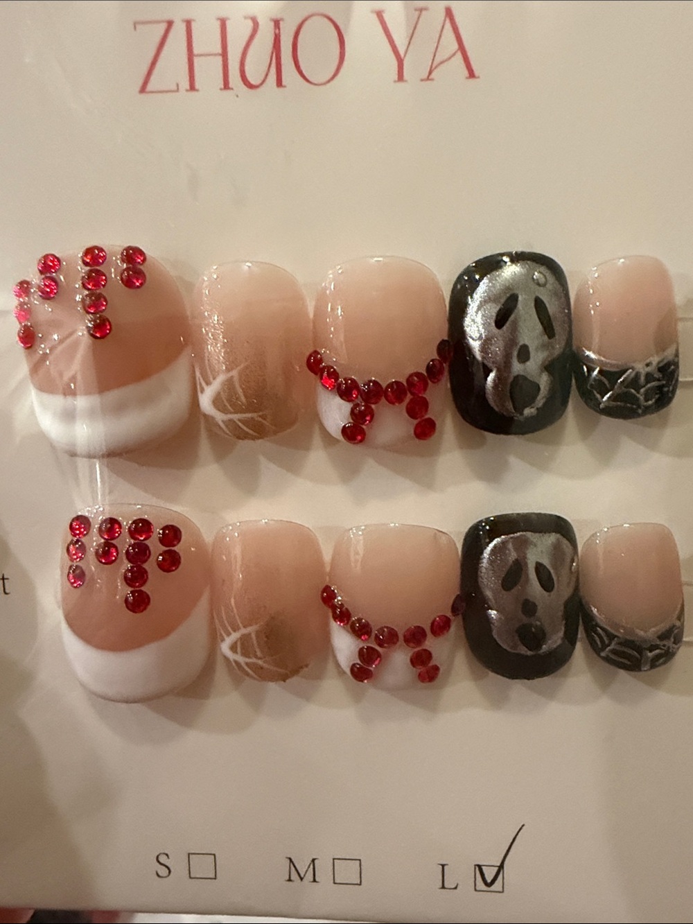 Nude & Red Rhinestone Halloween Press-On Nails with Black Silver Accent